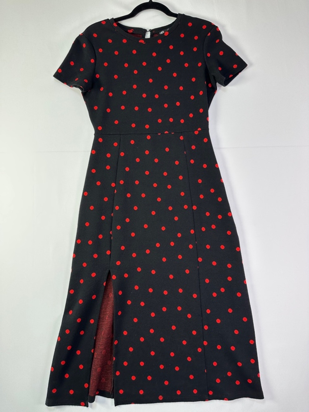 Zara Polka Dot Midi Dress Black Red Short Sleeve Knit Sheath Size M Retro